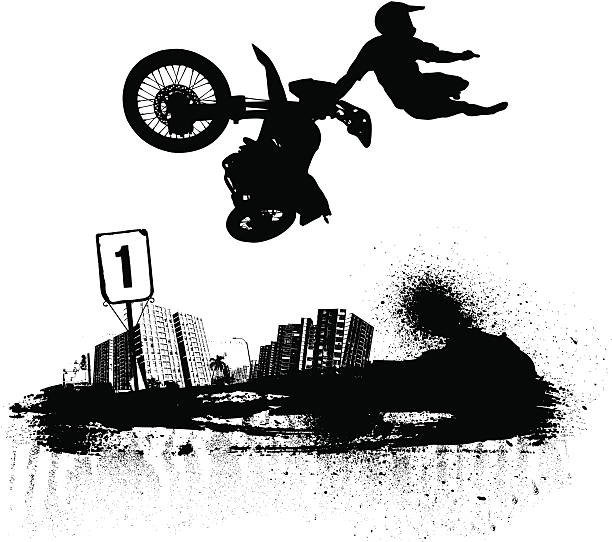 모토크로스 라이더 중간 에어제스처 - motocross motorcycle stunt bike silhouette stock illustrations