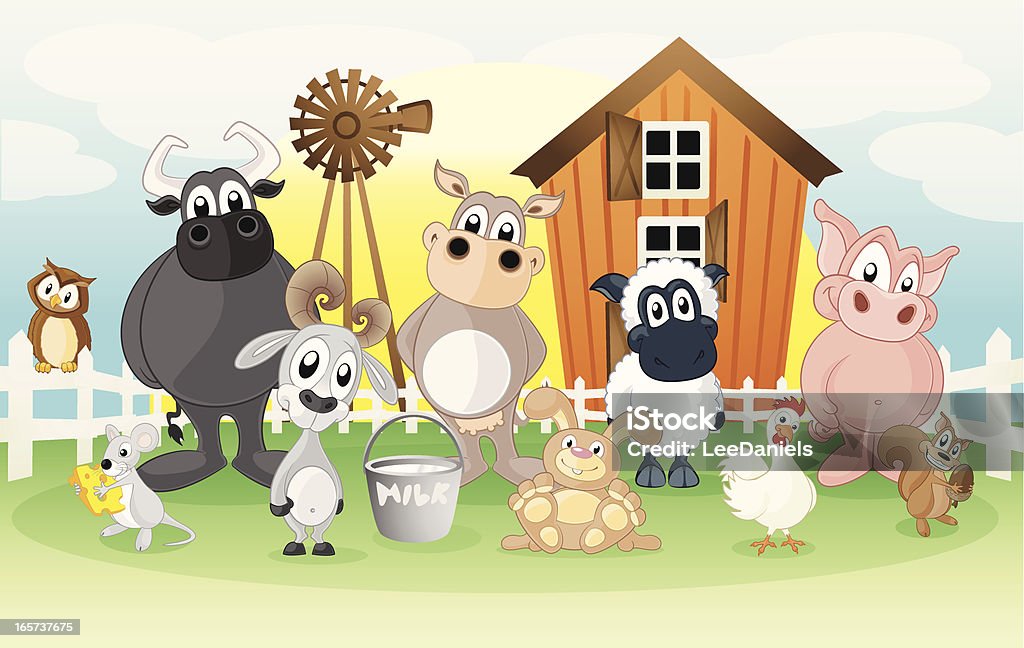 Animales de granja en un fondo de dibujos animados - arte vectorial de Ganado - Animal doméstico libre de derechos