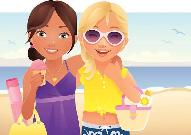 Vector illustration of Two Teenage Girls going to the beach