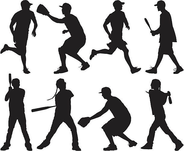 kobiety i mężczyźni gra w baseball - playing baseball white background action stock illustrations