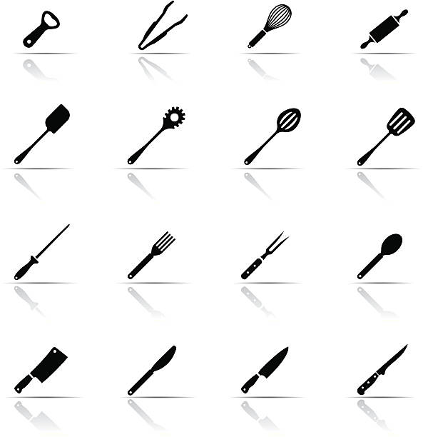 ilustraciones, imágenes clip art, dibujos animados e iconos de stock de icono conjunto, utensilios de cocina - wire whisk symbol computer icon spatula