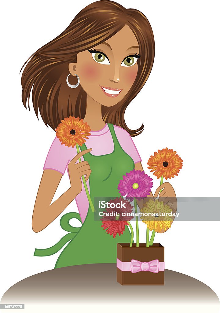 Piękne brunette Kwiaciarz Urządzać gerbera daisies - Grafika wektorowa royalty-free (Kwiaciarz)