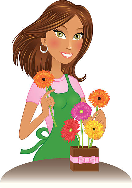 Beautiful brunette florist arranging gerbera daisies vector art illustration
