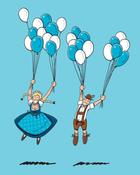 Flying Balloons Beer Fest Couple "Illustration of a Beer Fest couple in Dirndl and Lederhosen. They're flying away with a bunch of party balloons. Line art, color and background are on separate layers, so you also can use the illustration on your own background. The colors in the .eps-file are ready for print (CMYK). Included files: EPS (v8) and Hi-Res JPG." pics of dirndl skirt stock illustrations
