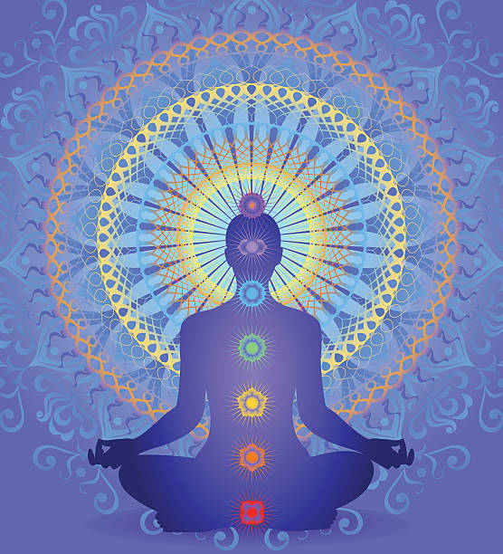 Chakra Mandala A person sits in meditation with large mandala behind them, chakras visible. chakra stock illustrations