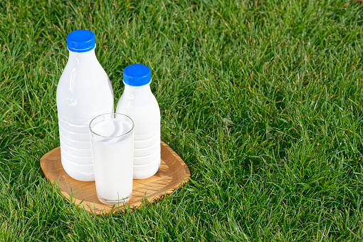 Bottles and a glass of milk on the background of green natural grass