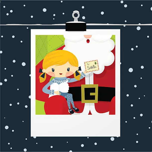 Vector illustration of Christmas, girl and Santa Claus polaroid