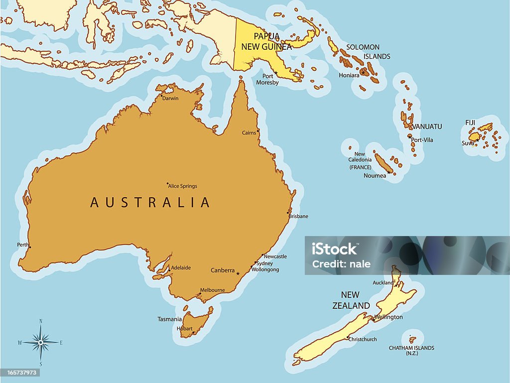 Mapa de oceanía con los países y las ciudades - arte vectorial de Australasia libre de derechos
