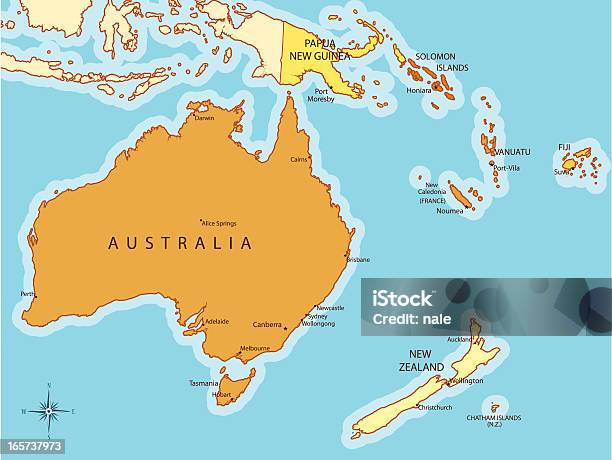 Oceania Mapa Z Krajów I Miast - Stockowe grafiki wektorowe i więcej obrazów Australazja - Australazja, Australia, Bez ludzi