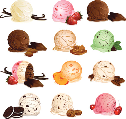 Vector- 12 different ice cream flavors- individually grouped for easy editing. 500 dpi jpg included.