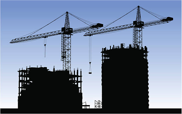 ilustrações, clipart, desenhos animados e ícones de edifício - silhouette crane construction construction site