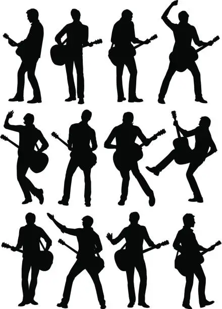 Vector illustration of 12 silhouetted guitar player icons on white background