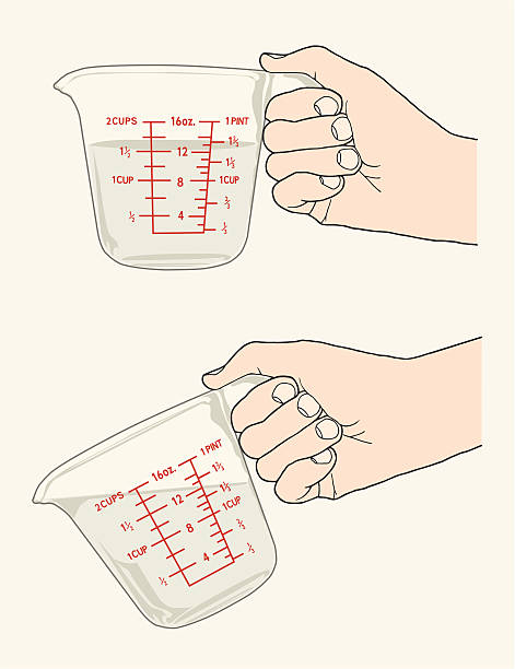 Hands With Measuring Cups Hands holding measuring cups with liquid. milliliter stock illustrations