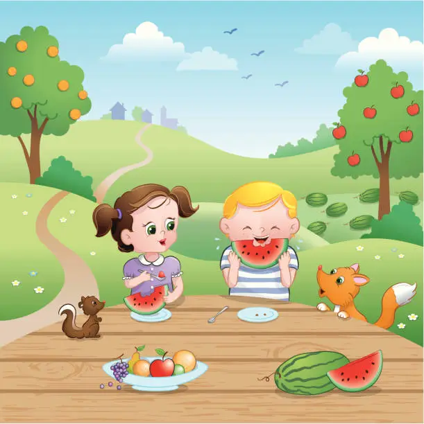 Vector illustration of Watermelon picnic summer kids