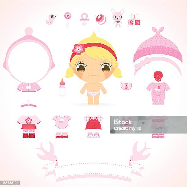 Bébé Fille Ensemble Rose Porte De Jouets Et Bannière Pour Le Nom Vecteurs libres de droits et plus d'images vectorielles de Marionnette en papier