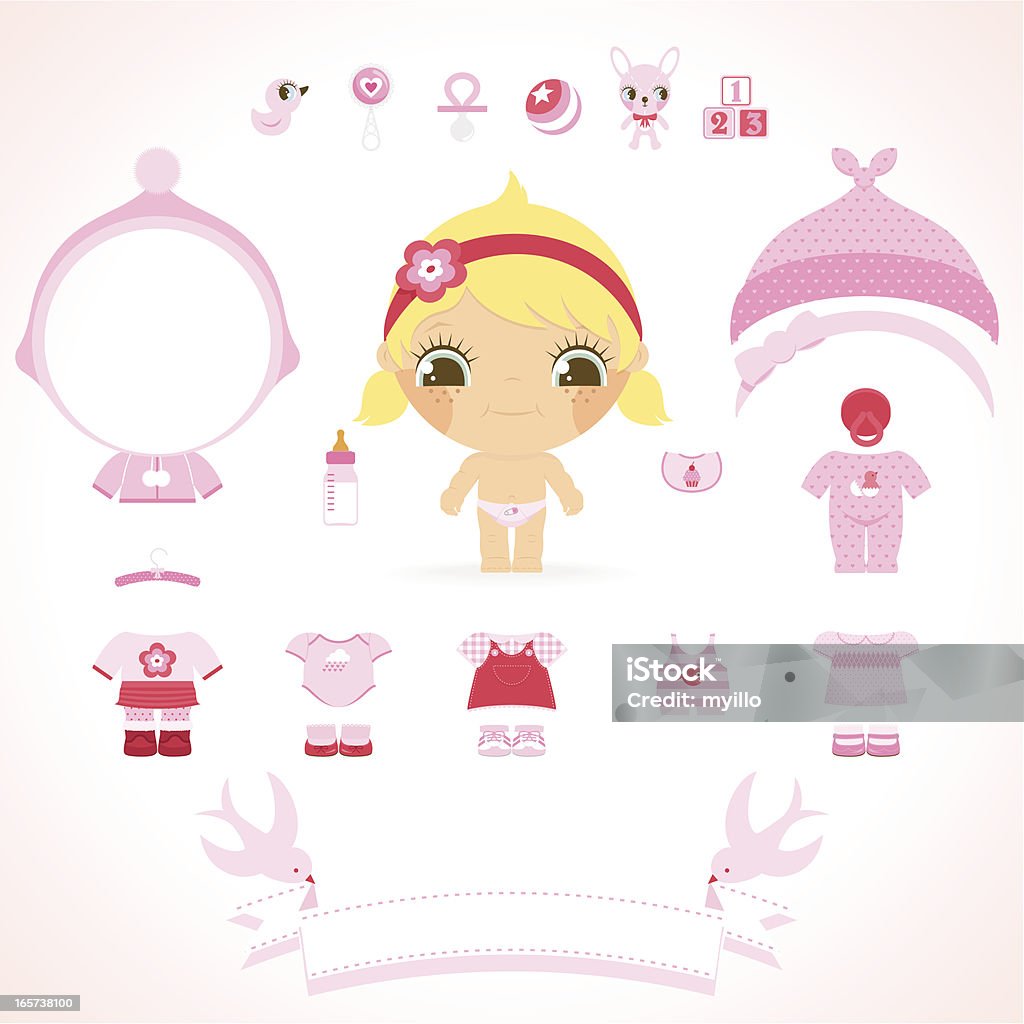 Bebê Menina série. Rosa roupas, brinquedos e banner de nome - Vetor de Fantoche de Papel royalty-free