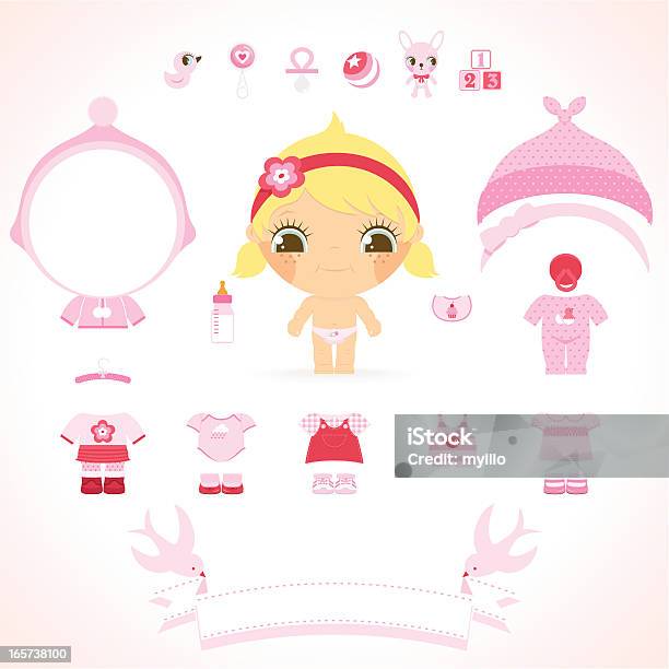 Vetores de Bebê Menina Série Rosa Roupas Brinquedos E Banner De Nome e mais imagens de Fantoche de Papel
