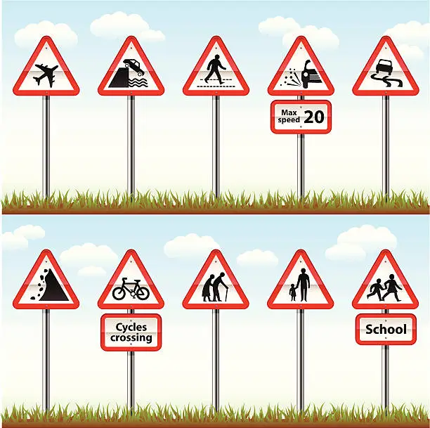 Vector illustration of Road Signs On Posts (Warning Series)