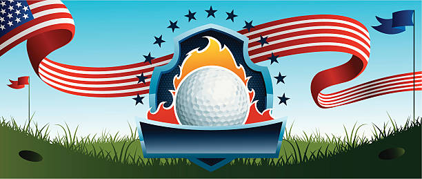 illustrazioni stock, clip art, cartoni animati e icone di tendenza di golf banner con bandiera americana - golf ball golf fire backgrounds