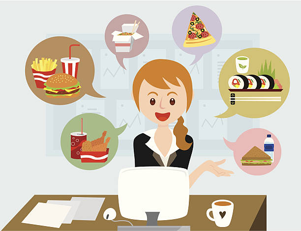 illustrations, cliparts, dessins animés et icônes de fille de bureau avec le déjeuner idées - pizza pizza box cartoon take out food