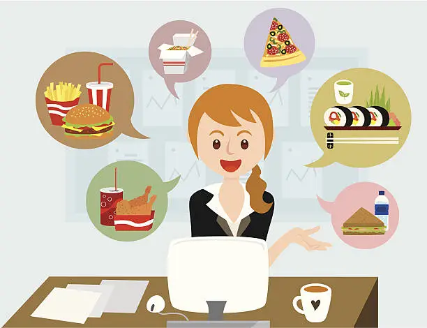 Vector illustration of office girl with lunch ideas