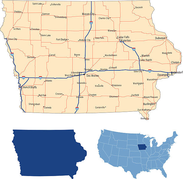 iowa road map - iowa map stock-grafiken, -clipart, -cartoons und -symbole