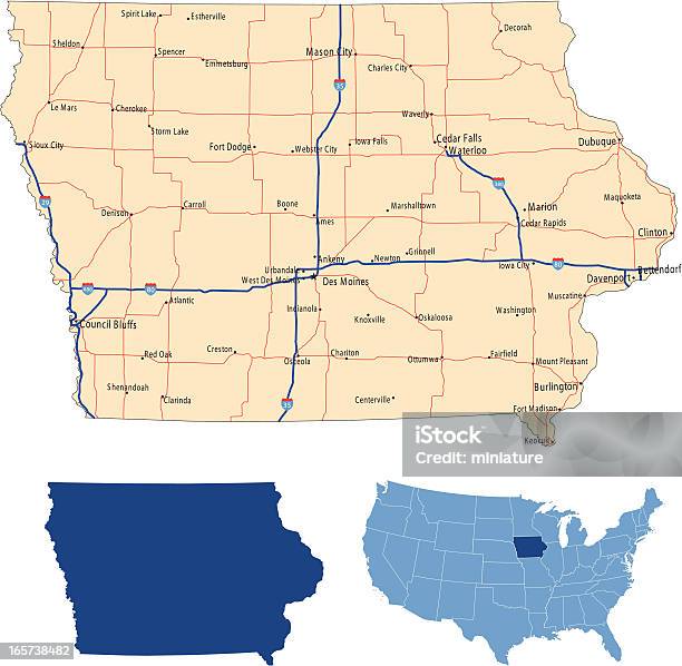 Iowa Mapa De Estradas - Arte vetorial de stock e mais imagens de Iowa - Iowa, Mapa, EUA