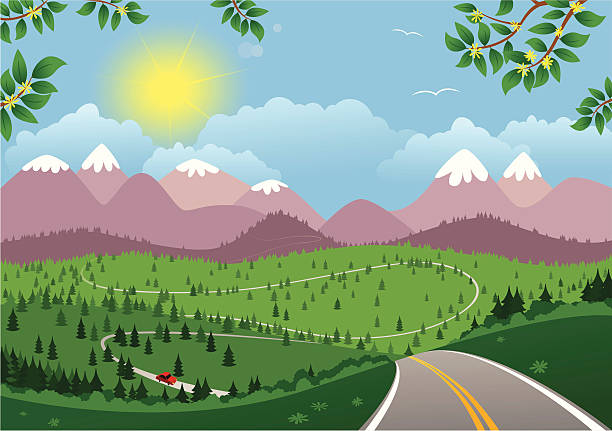 illustrazioni stock, clip art, cartoni animati e icone di tendenza di paesaggio di montagna di giorno - highway road street twisted