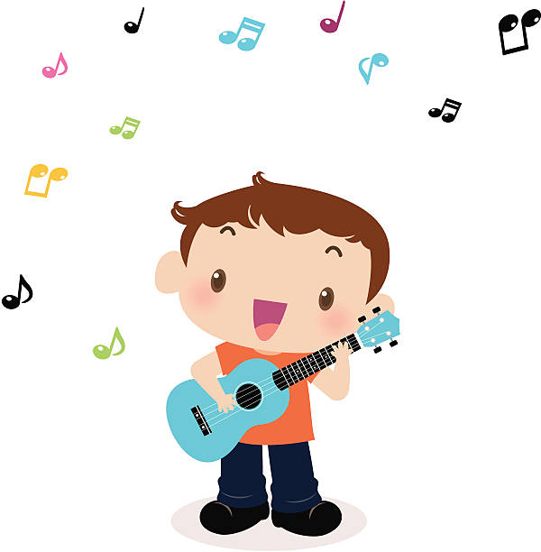 Cute boy playing guitar(ukulele) and singing Vector illustration - Cute boy playing guitar(ukulele) and singing. rockabilly boys stock illustrations