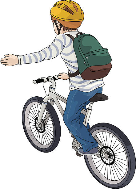 Drawing of a child riding a bike and signaling to turn left Vector illustration of a boy on a bike giving the signal to turn left bike hand signals stock illustrations