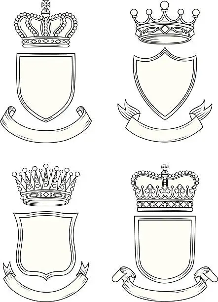 Vector illustration of Shield, Banner, and Crown Set