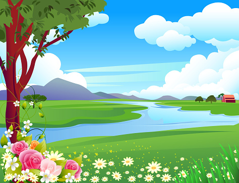Self illustrated beautiful lake view landscape.Each element in a separate layers.Very easy to edit vector file.