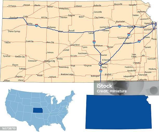 Kansas Mapa De Estradas - Arte vetorial de stock e mais imagens de Kansas - Kansas, Mapa, Contorno