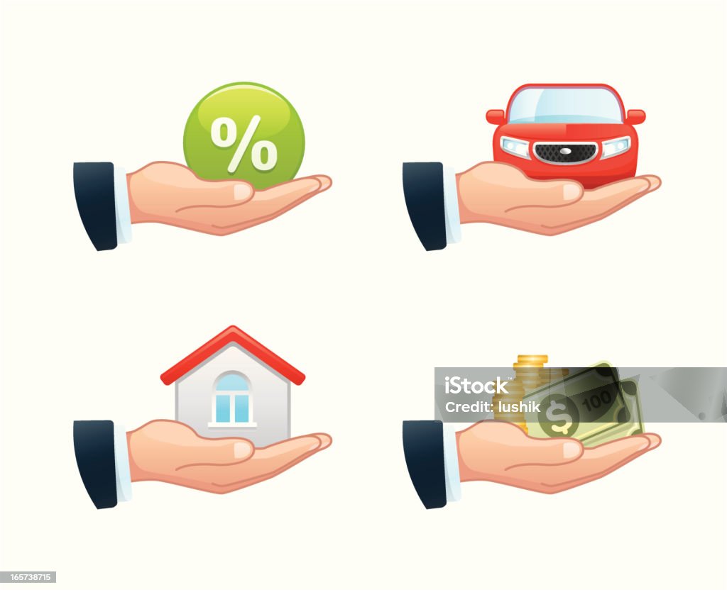 Four clip art illustrations of loan-related considerations Loan icons collection. Hands Cupped stock vector