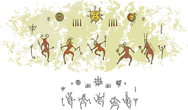 illustrations, cliparts, dessins animés et icônes de peinture de la grotte préhistorique guérisseur soleil de danse - cave painting aborigine ancient caveman