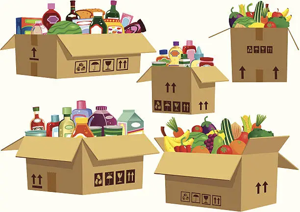 Vector illustration of Grocery goods in cardboard boxes