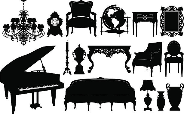 klasyczne meble sylwetka - chandelier residential structure living room sofa stock illustrations