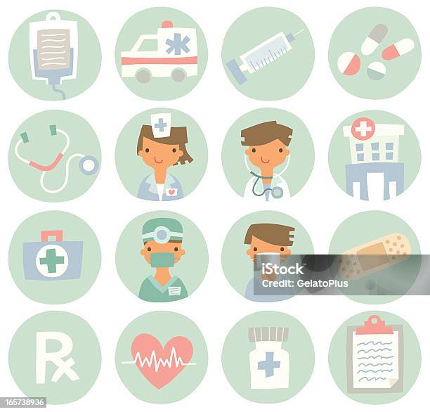 Set Di Icone Mediche Correlate - Immagini vettoriali stock e altre immagini di Fleboclisi - Fleboclisi, A forma di croce, Ambulanza