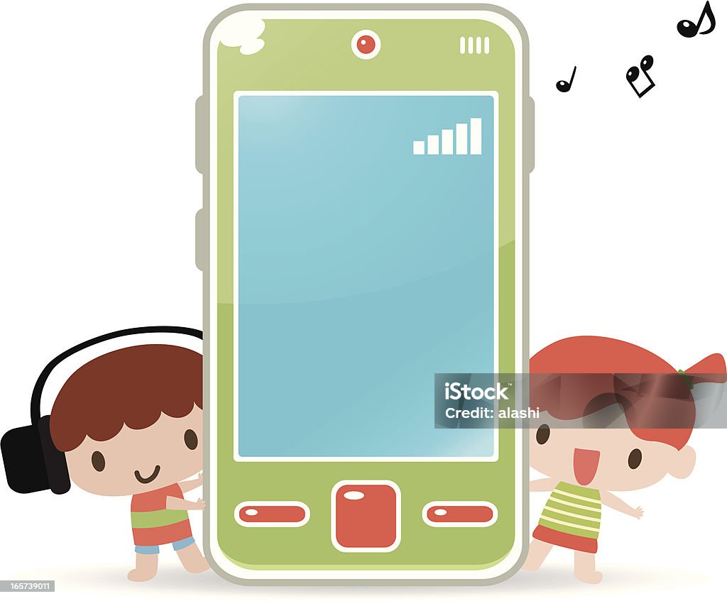 Милый мальчик девочка с мобильного телефона и наушники - Векторная графика Младенец роялти-фри