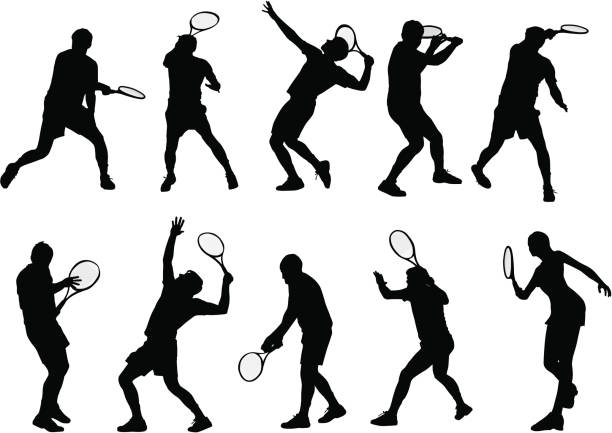 철두철미 테니스 선수들이 - tennis serving silhouette racket stock illustrations