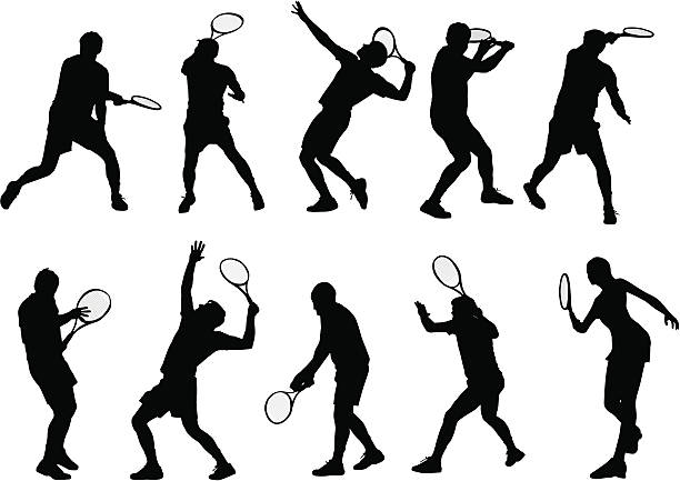 ilustrações de stock, clip art, desenhos animados e ícones de detalhada jogadores de ténis - tennis serving silhouette racket