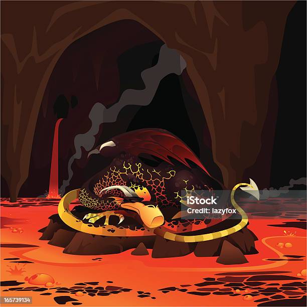 Дракон В Огонь — стоковая векторная графика и другие изображения на тему Дракон - Дракон, Спать, Лава