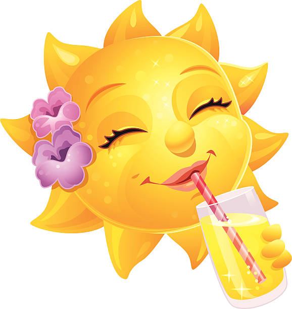 Femme en dessin animé mignon soleil d'été avec visage et boissons - Illustration vectorielle