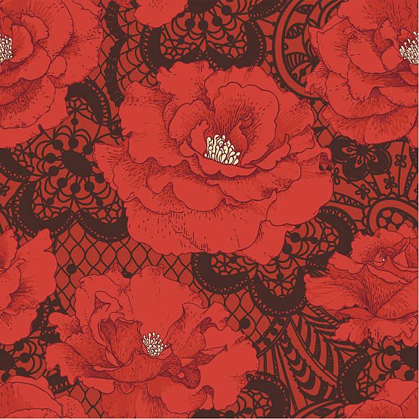 Red Rose. Brown Lace Seamless Pattern. vector art illustration