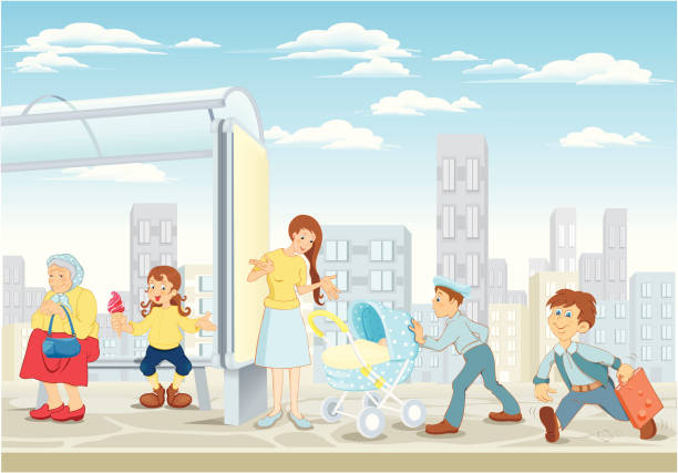 bus stop vector illustration of people on the bus stop school bus stop stock illustrations