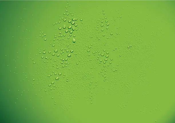 Vector illustration of Clear water drops over a green background