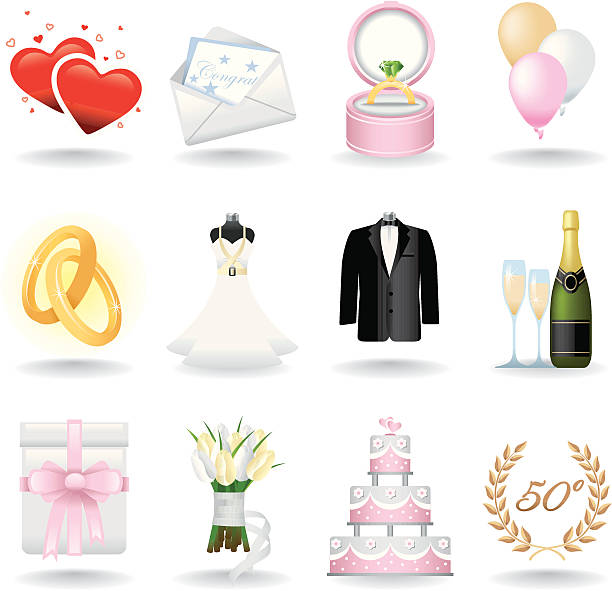 illustrazioni stock, clip art, cartoni animati e icone di tendenza di icona set, nozze - wedding invitation invitation formalwear flower