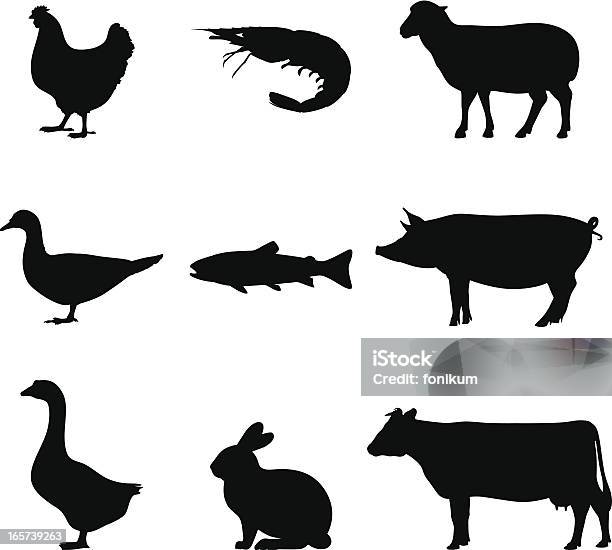 Black Silhouette Of Farm And Sea Animals On White Stock Illustration - Download Image Now - In Silhouette, Sheep, Shrimp - Seafood