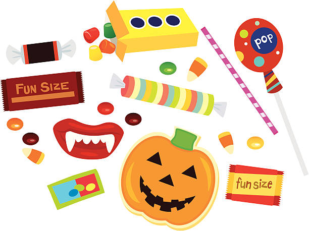 assorted fun size halloween candy - lolipop illüstrasyonlar stock illustrations