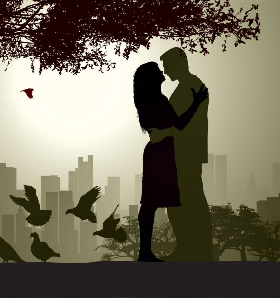 ilustraciones, imágenes clip art, dibujos animados e iconos de stock de una pareja - silhouette kissing park sunset